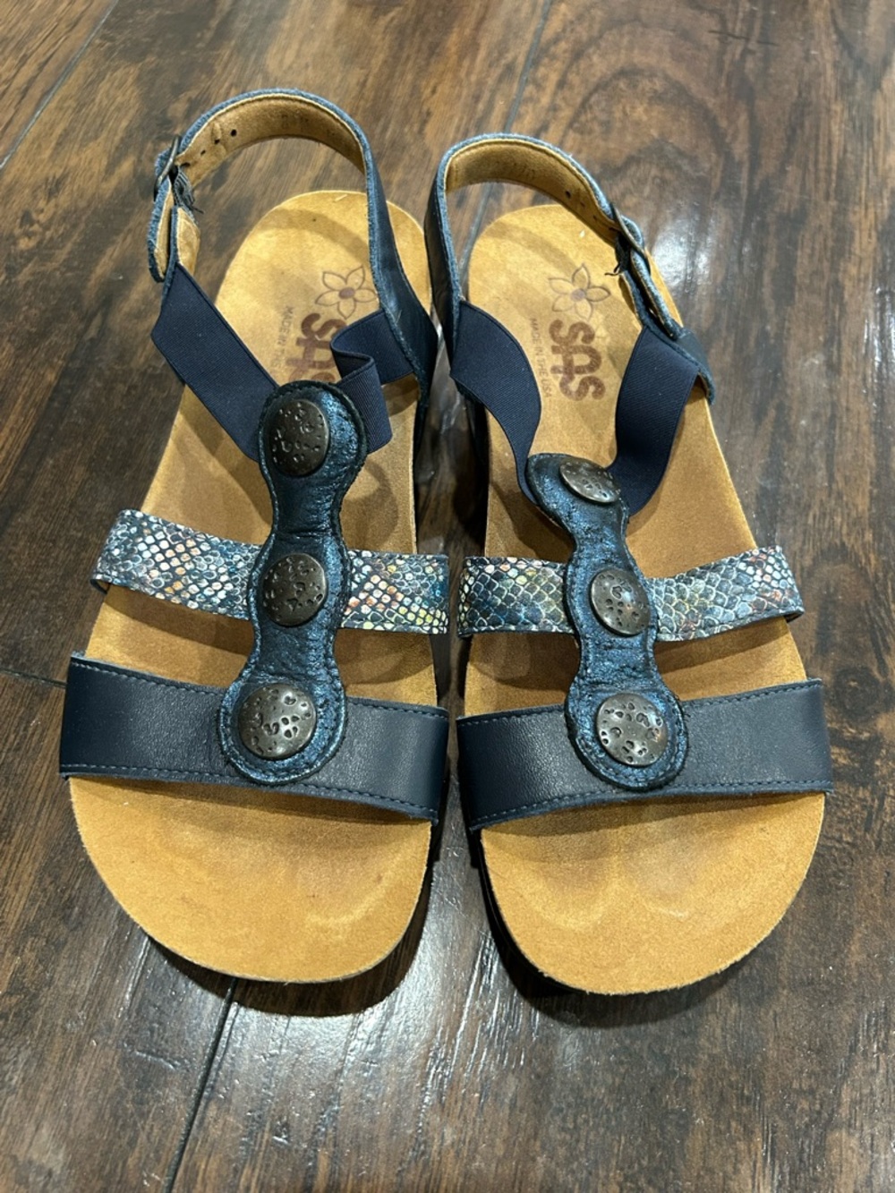 SAS Navy Leather Strappy Sandals with Metallic Snake Accent